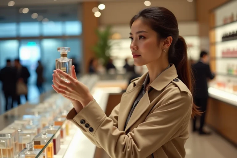 Femme examinant un flacon de parfum dans une boutique duty-free d'aéroport international