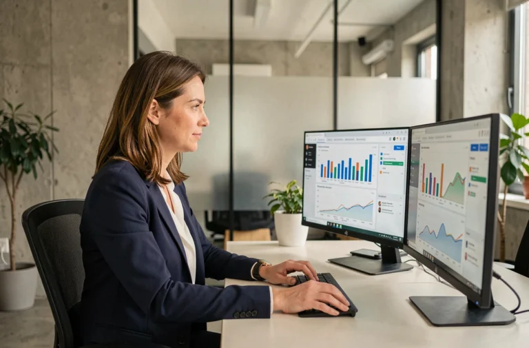 Responsable marketing dans une agence web analysant des tableaux de bord de performance digitale sur deux écrans dans un bureau moderne