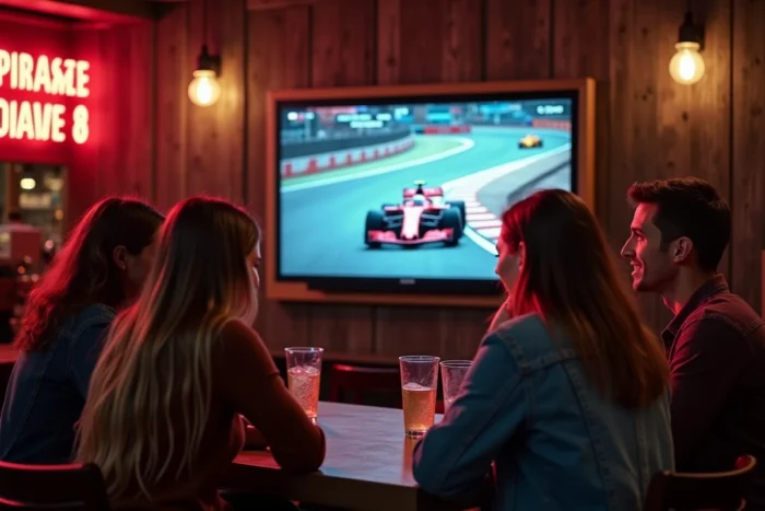 Groupe d'amis regardant un Grand Prix de Formule 1 en direct dans un bar sportif autour d'un écran TV