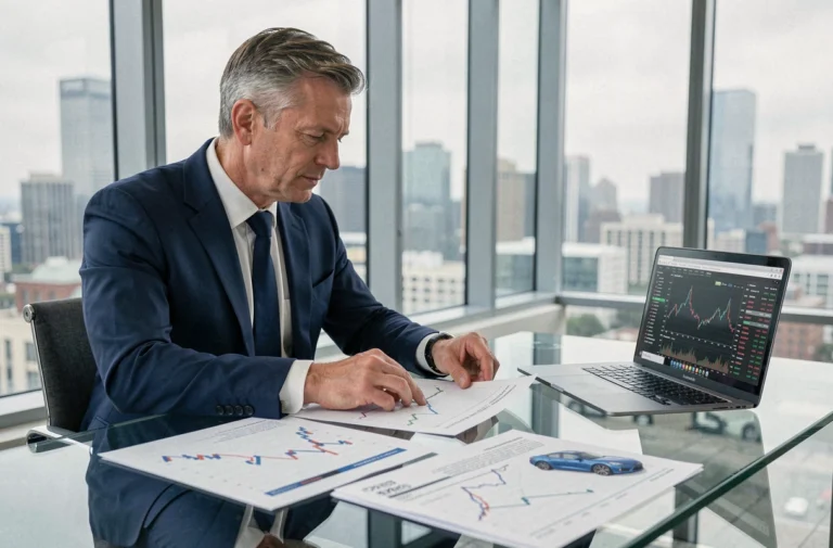 Analyste financier étudiant des rapports boursiers sur le secteur automobile Stellantis dans un bureau moderne