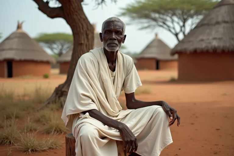 Ancien du village de Koriom au Soudan du Sud assis devant une hutte traditionnelle en terre et chaume
