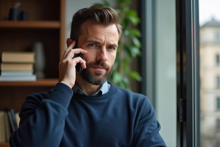 Homme tenant un smartphone près de l'oreille pour passer un appel international vers l'Allemagne avec l'indicatif 49