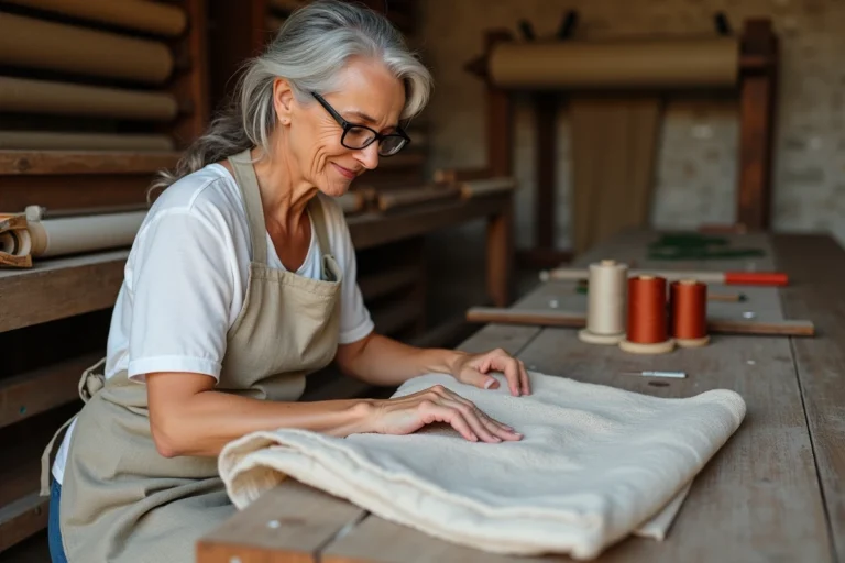 Femme artisane examinant un tissu de coton dans un atelier textile traditionnel avec des bobines de fil et un métier à tisser