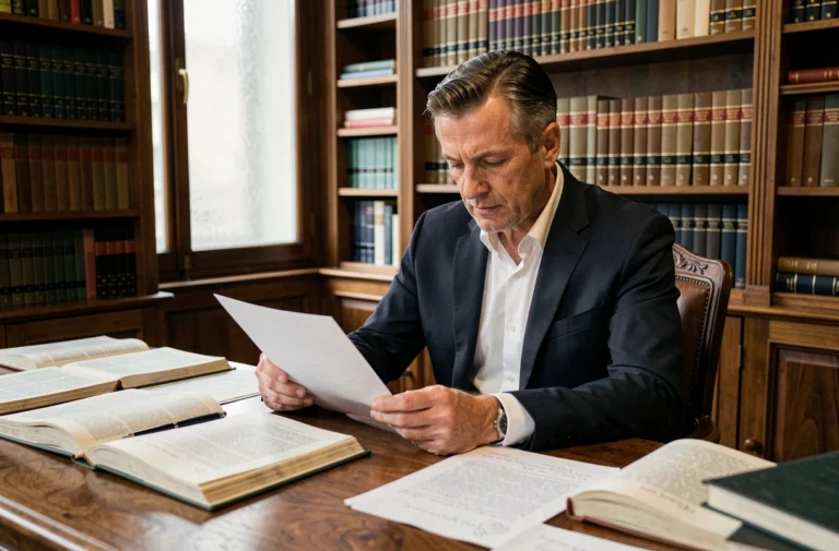 Avocat consultant le Code civil français à son bureau dans un cabinet parisien traditionnel