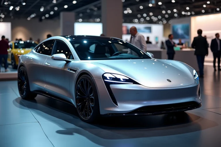 Berline électrique 2024 exposée dans un salon automobile, carrosserie argentée avec reflets métalliques sur sol en béton poli