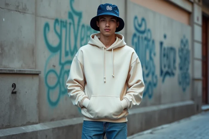 Jeune homme en bob Ricard personnalisé monogramme bleu marine dans un décor urbain, style streetwear tendance 2026
