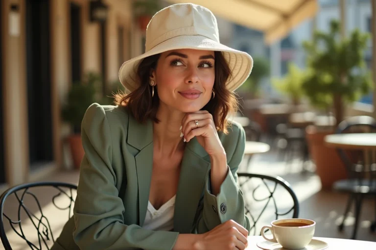 Femme portant un bob Ricard personnalisé brodé en coton écru dans un café parisien, tendance accessoires 2026