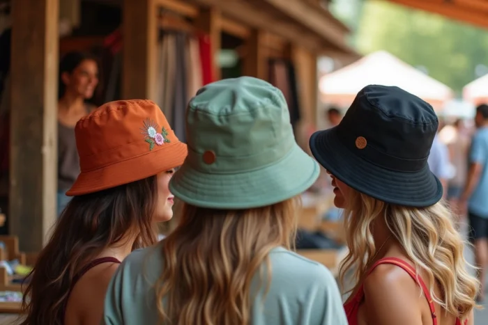 Groupe d'amis comparant différents modèles de bobs Ricard personnalisés sur un marché créatif, tendances accessoires 2026