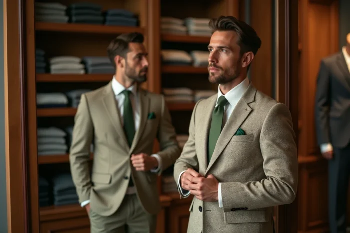 Homme essayant une cravate verte en laine avec un costume beige dans une boutique de mode masculine