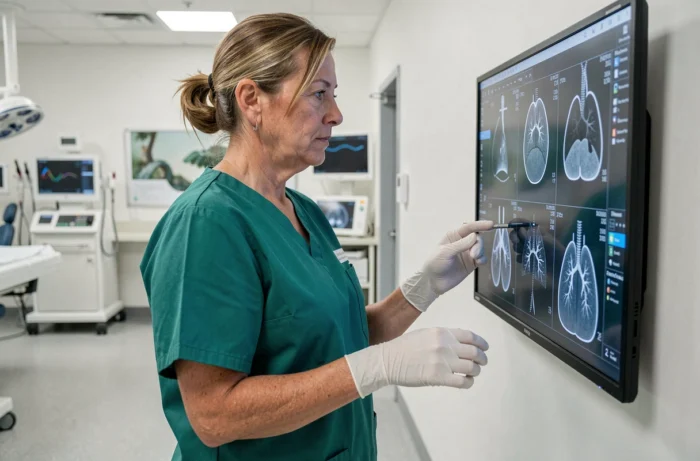 Cardiologue examinant des images médicales dans un laboratoire de cathétérisme pour évaluer les risques liés à un stent coronarien