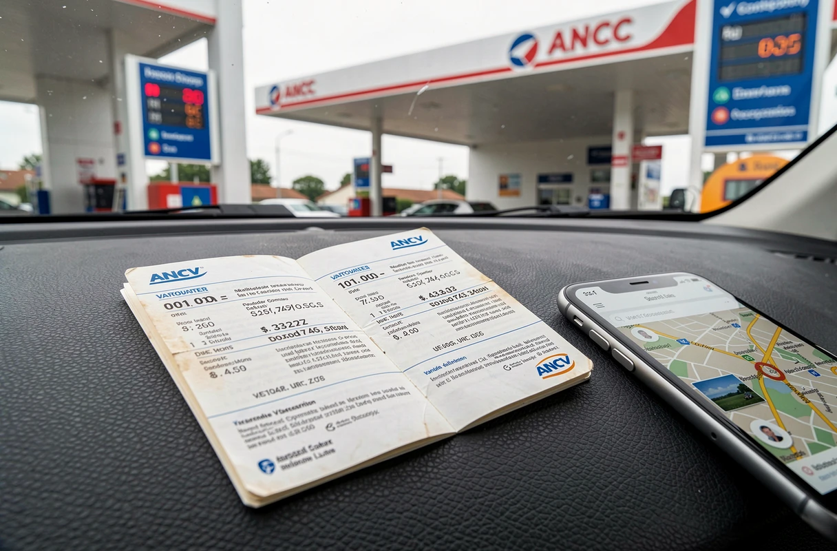 Carnet de chèques ANCV ouvert sur un tableau de bord avec une station-service en arrière-plan