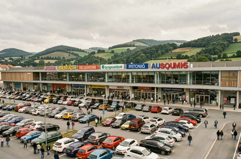 Vue extérieure du centre commercial de Dancharia avec son parking animé et ses enseignes franco-espagnoles au pied des collines basques
