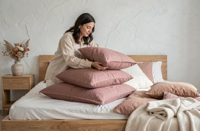 Femme arrangeant des coussins en lin sur un lit plateforme en chêne dans une chambre cocooning aux tons doux