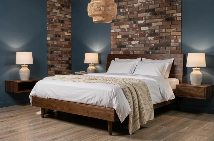 Chambre à coucher au style mi-siècle moderne avec cadre de lit en noyer, linge blanc et mur bleu profond pour une atmosphère chaleureuse et raffinée