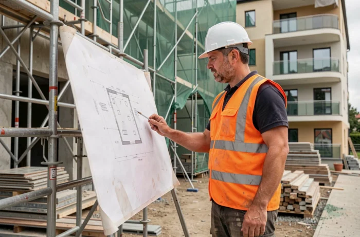 Ouvrier consultant des plans de rénovation devant un immeuble en chantier dans le Quartier Nord de Villeneuve-Saint-Georges
