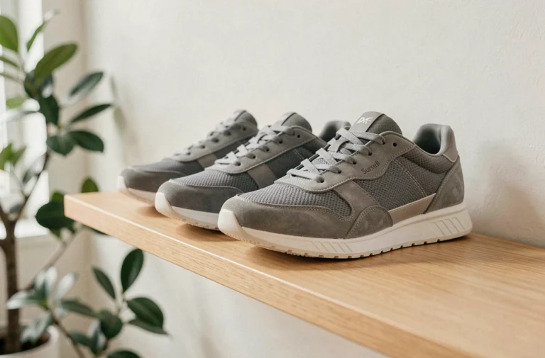 Chaussures Sursell présentées sur une étagère en bois dans un appartement minimaliste, mettant en valeur le design et les détails de la semelle