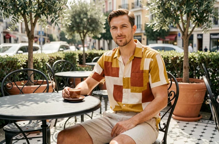 Homme en chemise à motifs géométriques colorés assis en terrasse de café pour un look estival stylé