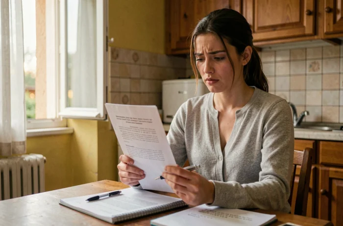 Jeune femme lisant une mise en demeure juridique à son domicile, comprenant ses droits civils