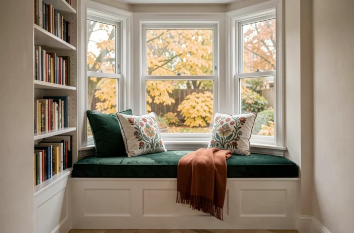 Coin lecture cosy en alcôve avec banquette en velours vert, bibliothèque intégrée et vue sur jardin automnal