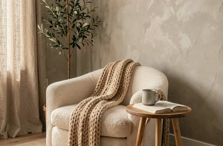 Coin salon cosy avec fauteuil en bouclé crème, plaid en laine et table en bois dans un intérieur chaleureux au style nordique