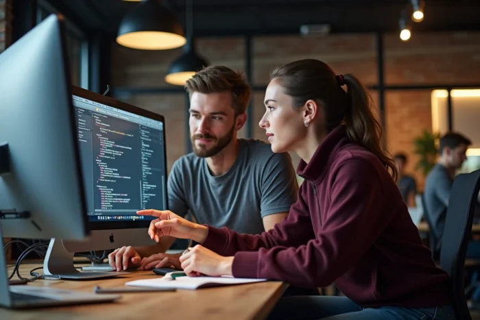 Deux développeurs collaborant devant un IDE en pair programming dans un espace de coworking de startup