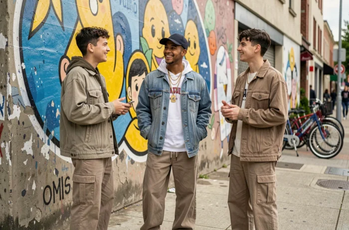 Groupe de jeunes adultes en tenues neutres discutant devant une fresque murale colorée en milieu urbain, symbolisant la communauté et l'expression de genre non binaire