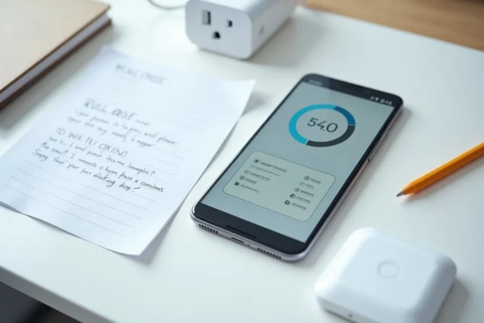 Vue aérienne d'un bureau avec smartphone affichant une comparaison d'applications domotiques gratuites et payantes face à Tuya