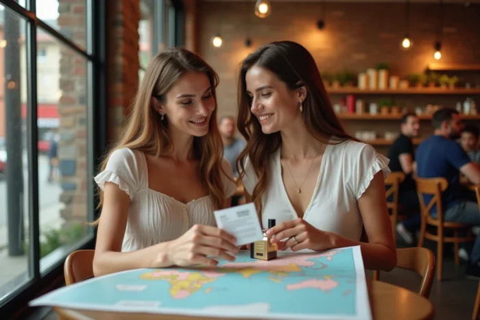 Deux femmes comparant des achats de parfums de différents pays autour d'une carte du monde dans un café