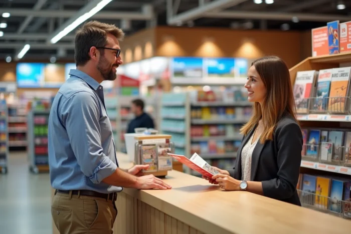 Client en discussion avec un conseiller voyage au comptoir Leclerc Voyages pour réserver un séjour dernière minute