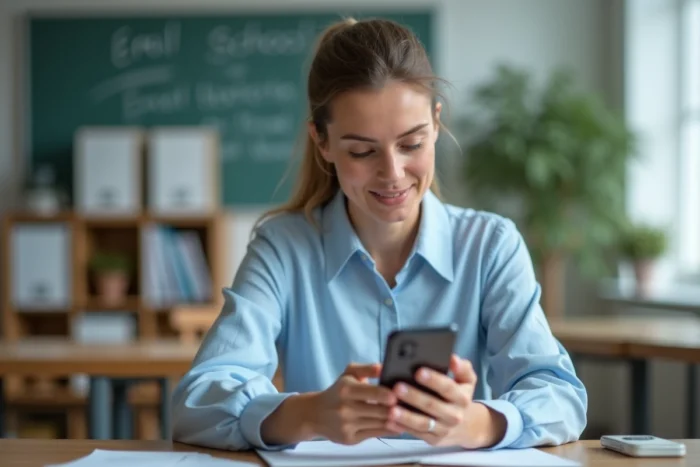 Enseignante configurant la messagerie Zimbra de l'académie de Créteil sur un smartphone Android dans une salle des professeurs