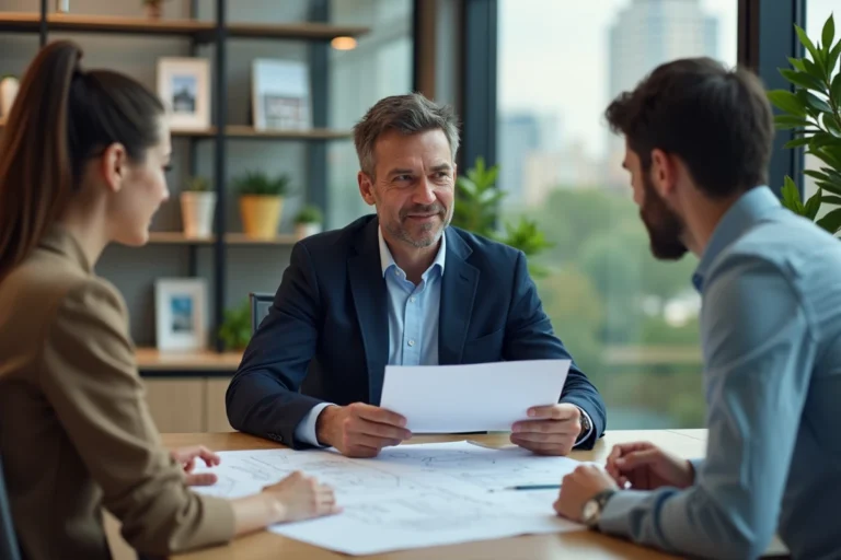 Conseiller immobilier expert accompagnant un couple dans leur projet d'achat immobilier autour d'un bureau avec des plans et documents