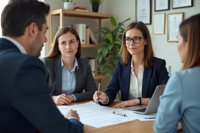 Conseillère en assurance expliquant un contrat habitation à des propriétaires d'une maison mitoyenne