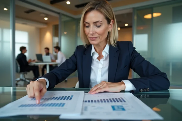 Conseillère financière analysant les documents de valorisation d'une SCPI avec graphique comparatif des valeurs de reconstitution et de réalisation