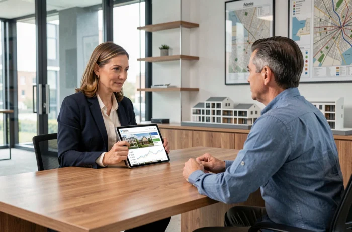 Conseillère immobilière présentant des données de marché à un client dans une agence moderne