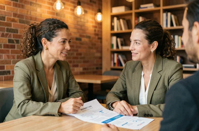 Consultante en agence web marketing présentant une proposition de stratégie digitale à une cliente dans un espace de coworking moderne