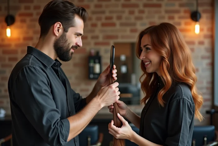 Coiffeur examinant une mèche de cheveux longs auburn d'une cliente lors d'une consultation en salon de coiffure
