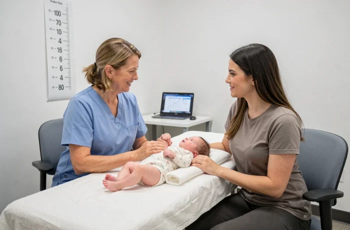 Consultation pédiatrique avec une infirmière, des jeunes parents et leur bébé dans un cabinet médical moderne, illustrant le suivi médical et le développement sain du nourrisson