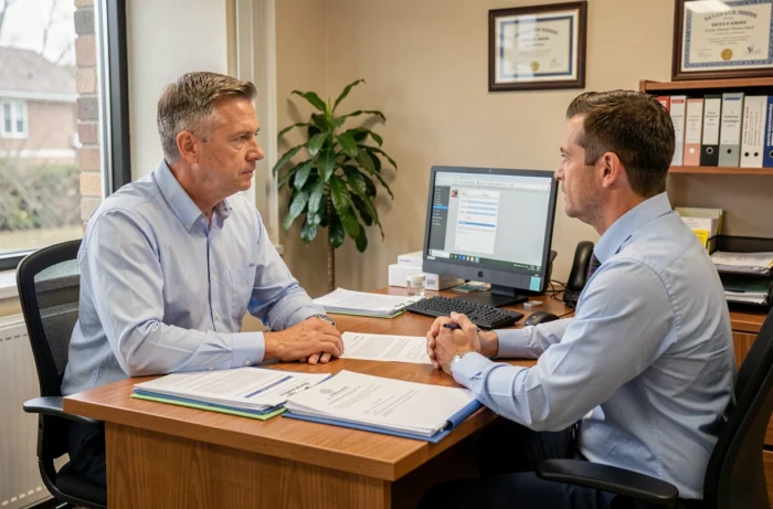 Consultation entre un client et un pharmacien pour les démarches administratives d'un transfert de pharmacie