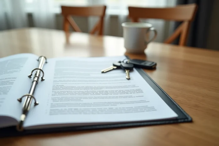 Contrat d'assurance habitation ouvert sur une table avec clés de maison mitoyenne et télécommande de garage