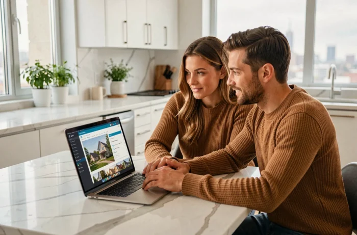 Couple consultant une plateforme immobilière en ligne sur un ordinateur portable dans une cuisine moderne et lumineuse
