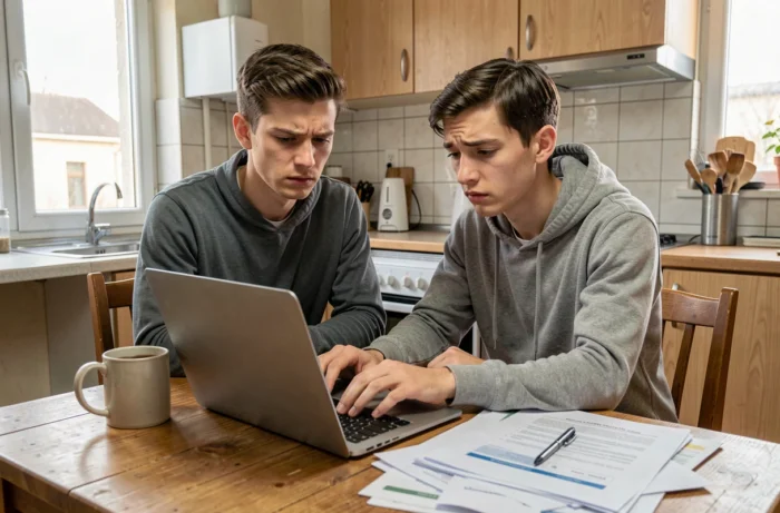 Jeune couple remplissant une demande de logement prioritaire en ligne sur un ordinateur portable à la maison