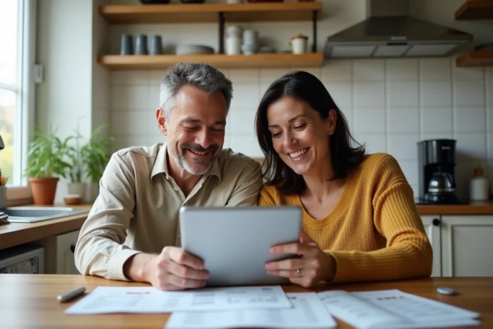 Couple consultant un budget commun sur tablette et documents papier dans une cuisine familiale