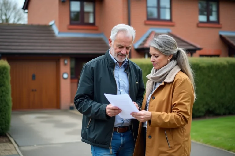 Couple devant une maison mitoyenne par garage examinant des documents d'assurance habitation