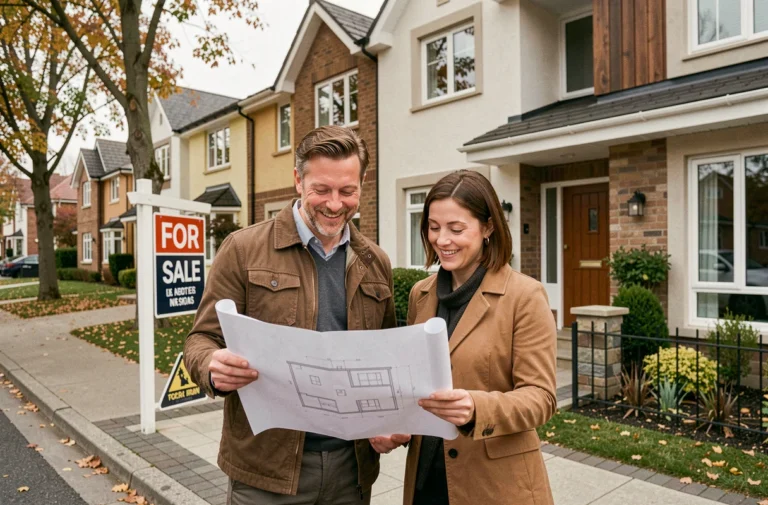 Couple examinant les plans d'une maison devant une propriété résidentielle moderne à vendre