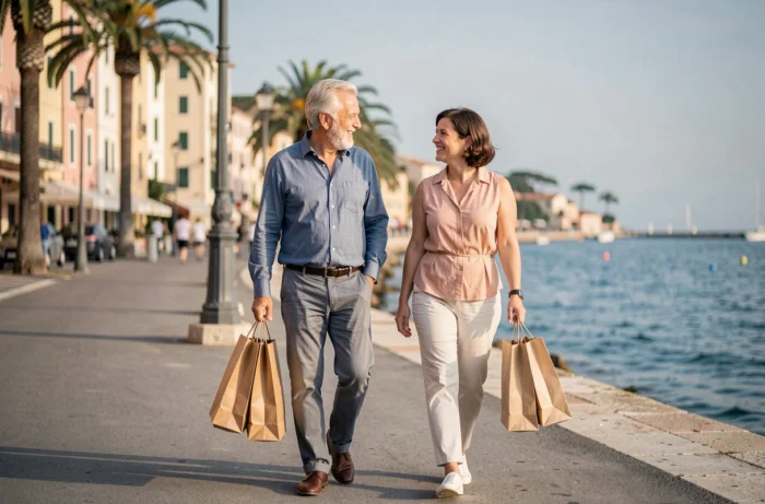 Couple de retraités aisés se promenant sur une promenade côtière du Sud de la France