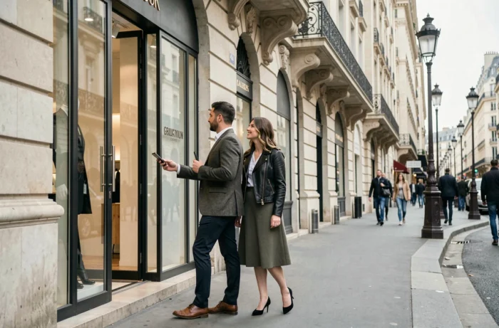 Couple élégant faisant du shopping devant une grande enseigne sur l'avenue des Champs-Élysées à Paris