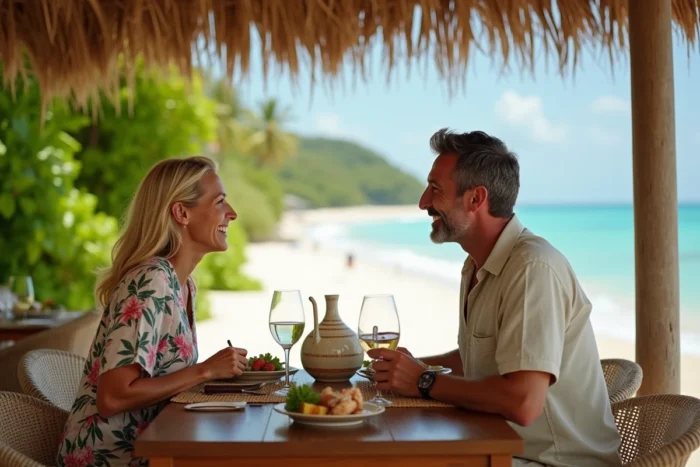 Couple en vacances dans un club balnéaire tout-inclus alternatif au Club Med, dînant en bord de mer dans un cadre tropical luxueux