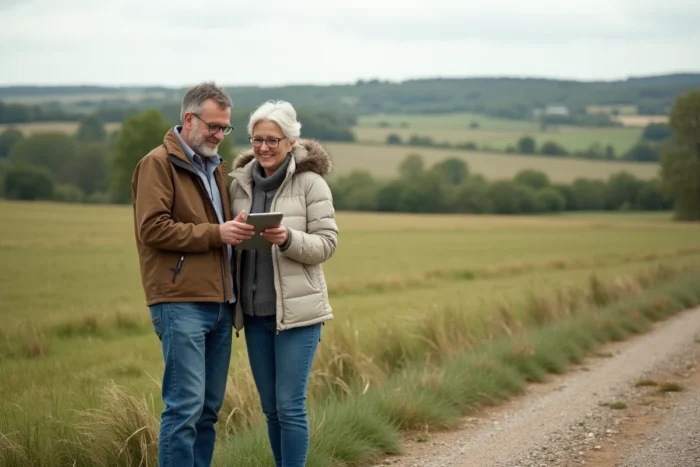 Couple consultant les données d'un terrain à vendre en France sur tablette lors d'une visite sur site