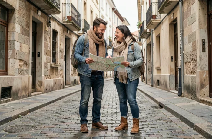 Couple de voyageurs consultant une carte papier dans une ruelle pavée d'une ville européenne historique