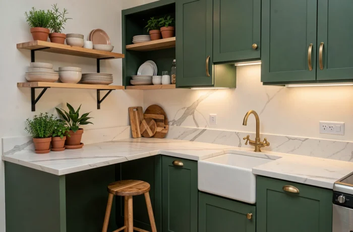 Cuisine moderne et compacte avec façades vert forêt, quincaillerie en laiton et plan de travail en marbre blanc pour un intérieur stylé et fonctionnel